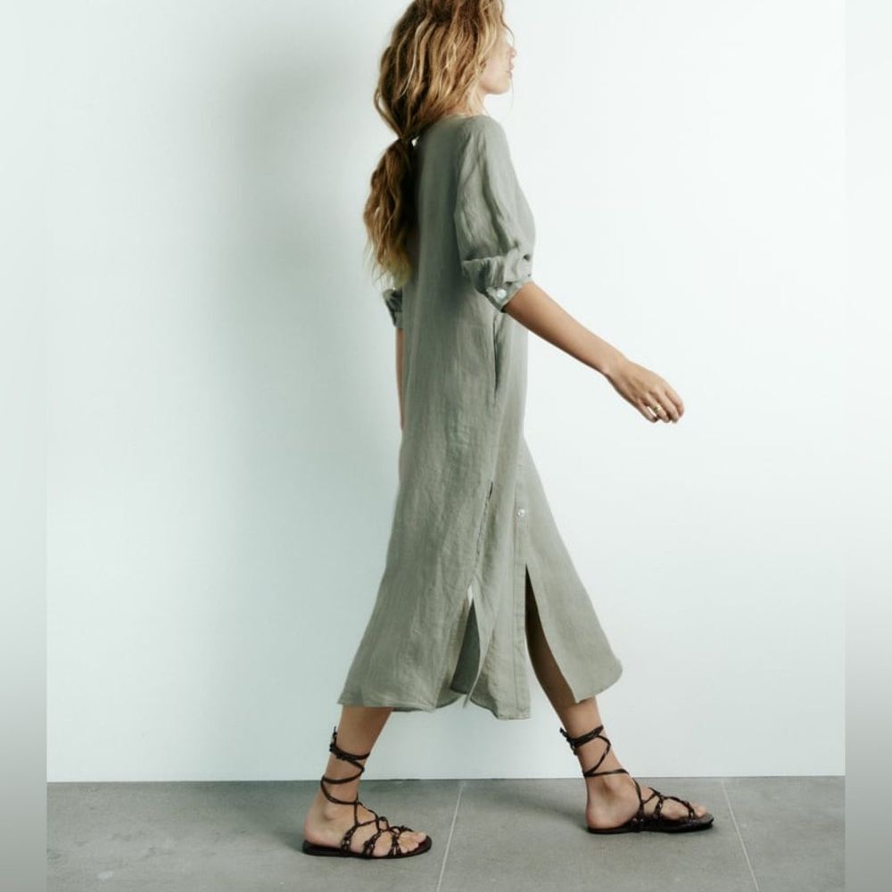 Zara 100% Linen Dress Pockets Khaki - Picture 9 of 11